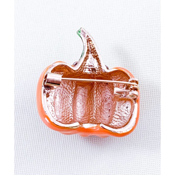 Enamel Pumpkin Pin/ Brooch with Metallic Green Stem & Rhinestones - Picture 4 of 5